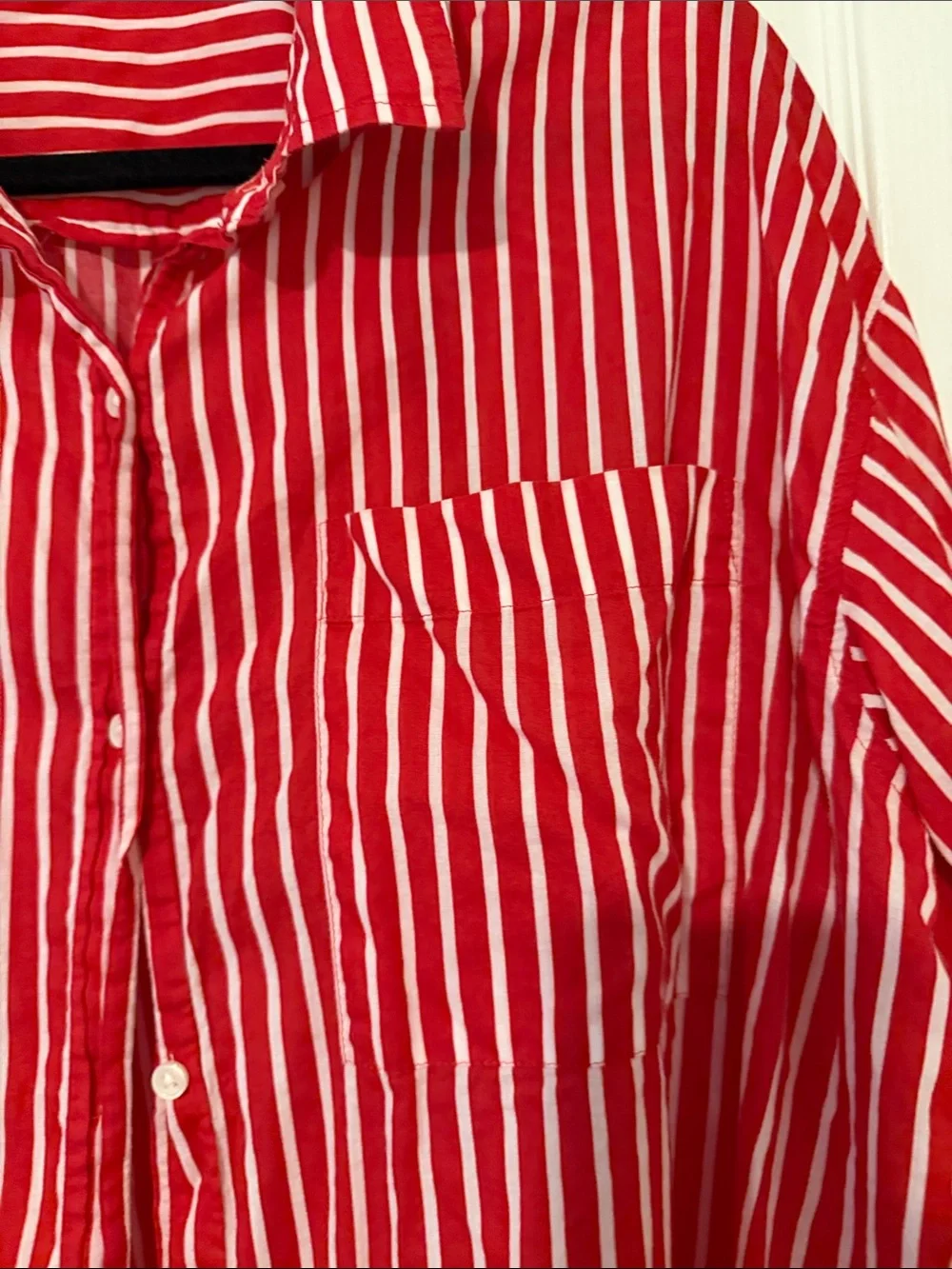 J. Crew Red and White Vertical Stripe Button-Down Shirt